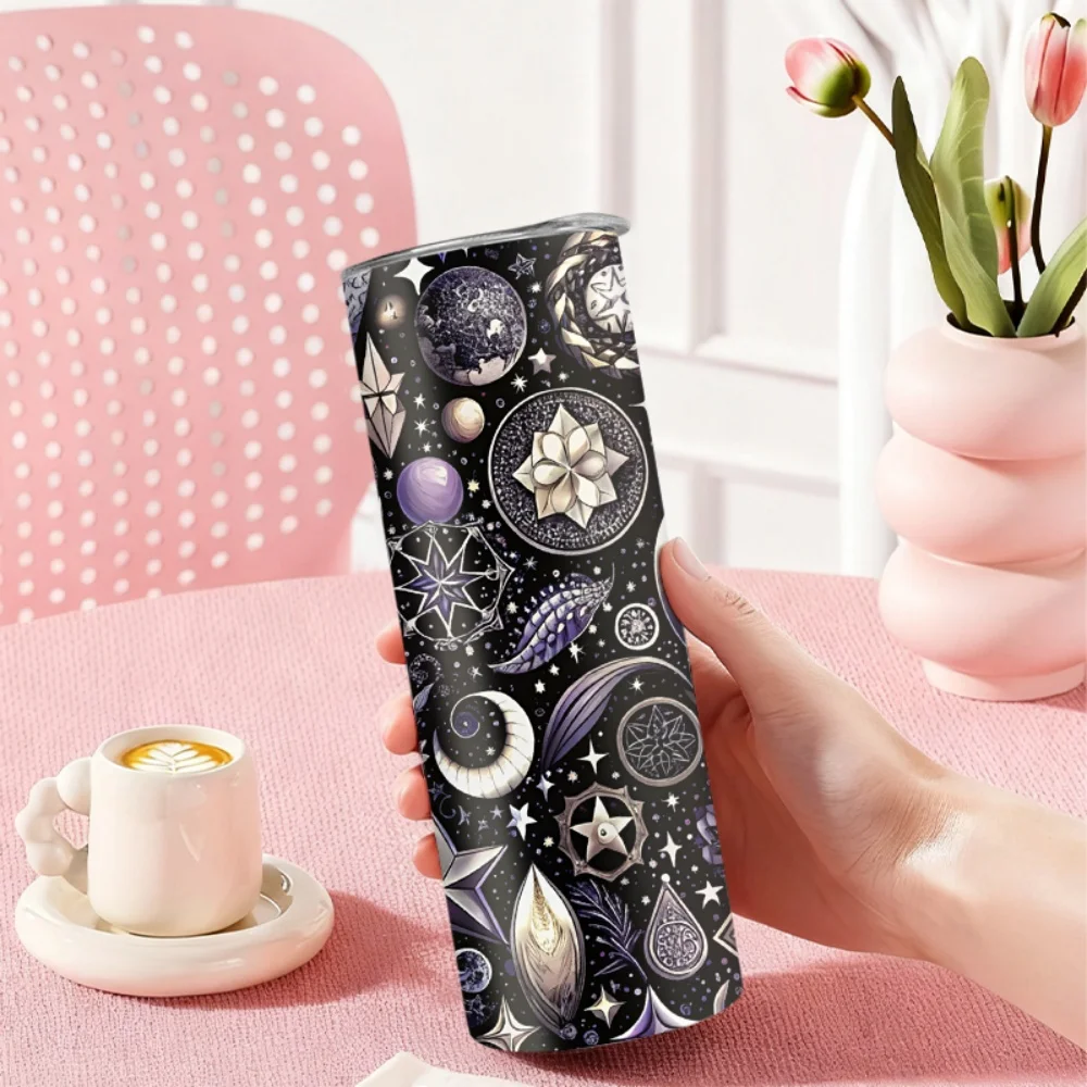 1pc Stainless Steel Water Bottle/Cup with Starry Sky & Magic Pattern (20oz / 591ml) — With Straw