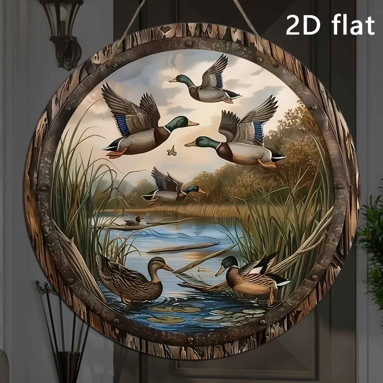 Pato verde retro plano 2D para una sola persona junto al río Reed, letrero circular de madera, decoración de pared campestre: adecuado para el hogar, cafetería
