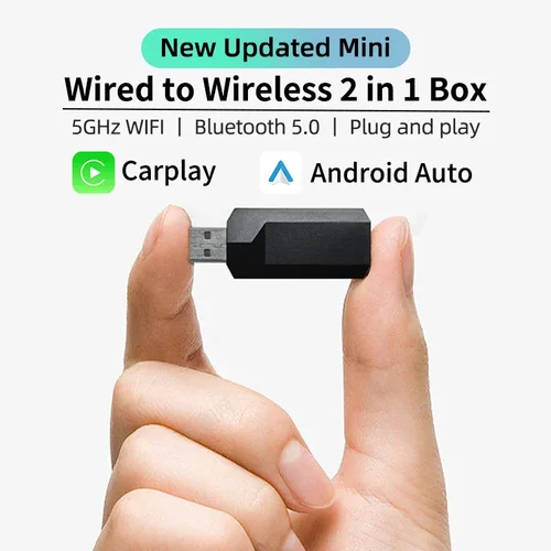 Imagen 1 del producto Caja 2 en 1 con cable a inalámbrico, adaptador automático CarPlay Android para estéreo de coche OEM, Plug and Play, enlace inteligente, conexión rápida Universal