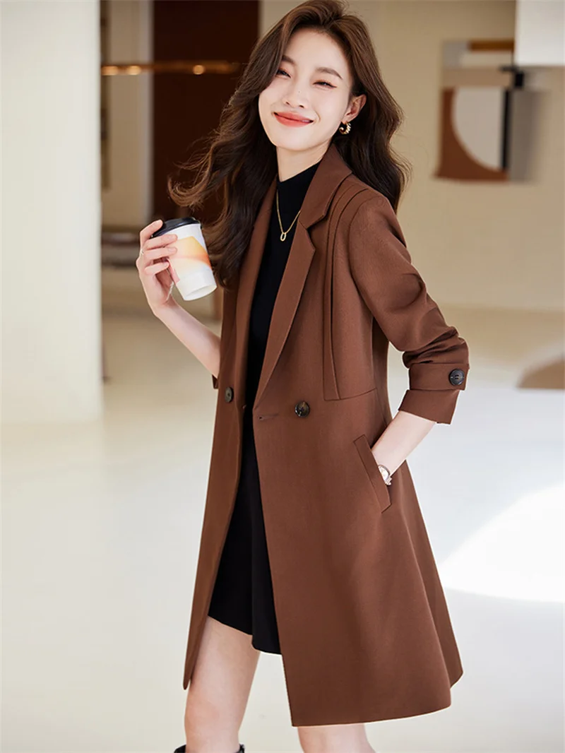 Autumn Winter Women Suit Coat New Solid Color Double Breasted Mid Long Windbreaker Female Outerwear Ladies Formal Office Blazer