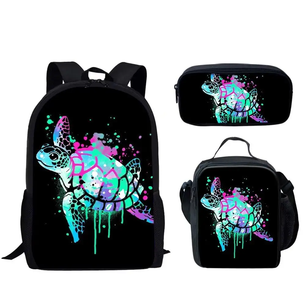 Bling Neon Sea Turtle Set Ransel kotak makan siang unik kotak pensil untuk anak laki-laki perempuan 3 potong ransel remaja tas sekolah