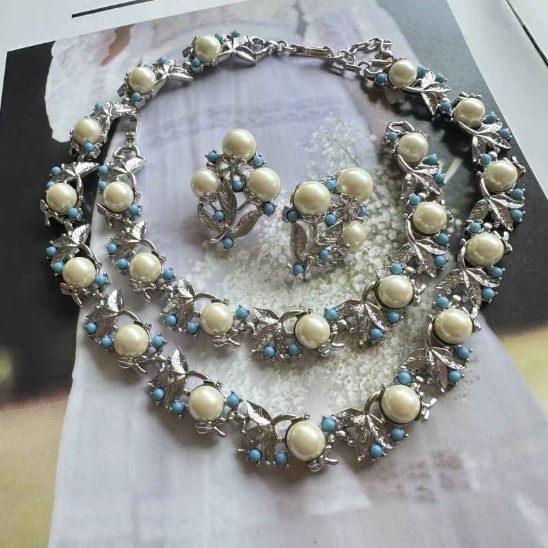

VKVVA Vintage Fashion Jewelry Turquoise Pearl Leaf Vine Stud Earrings, Bracelet, and Necklace Set