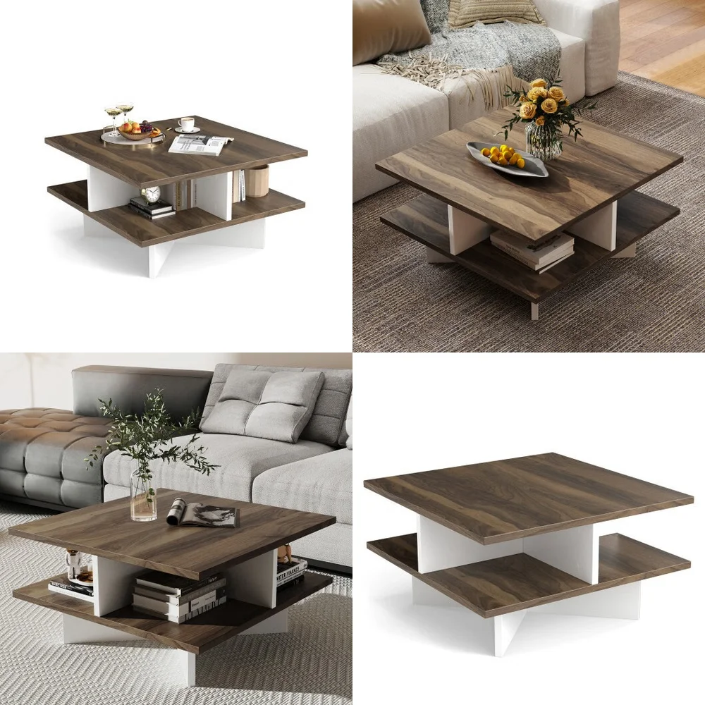

Café Tables2 Tier Square Coffee Table with 4 Storage Compartments in Stylish Walnut Finish