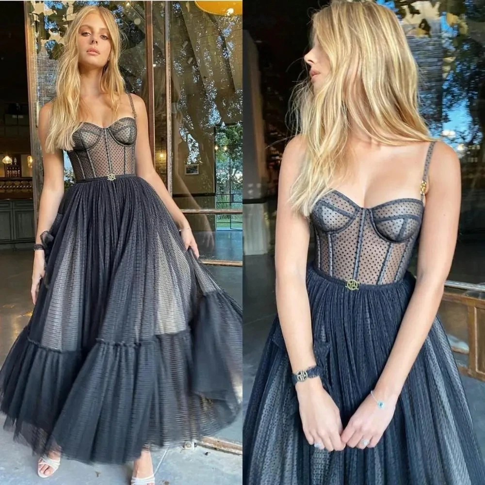 Black Prom Dresses Spaghetti Straps Tulle Ankle Length Cheap Cocktail Dress Custom Made Elegant Homecoming Gowns