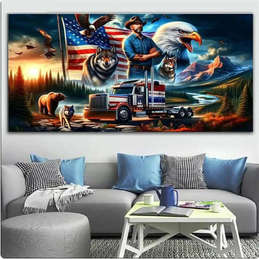 Amazing Art Diy Diamond Painting Black And White American Eagle Flag Truck Wolf Cross Stitch Kits Full Drill Mosaic Embroidery