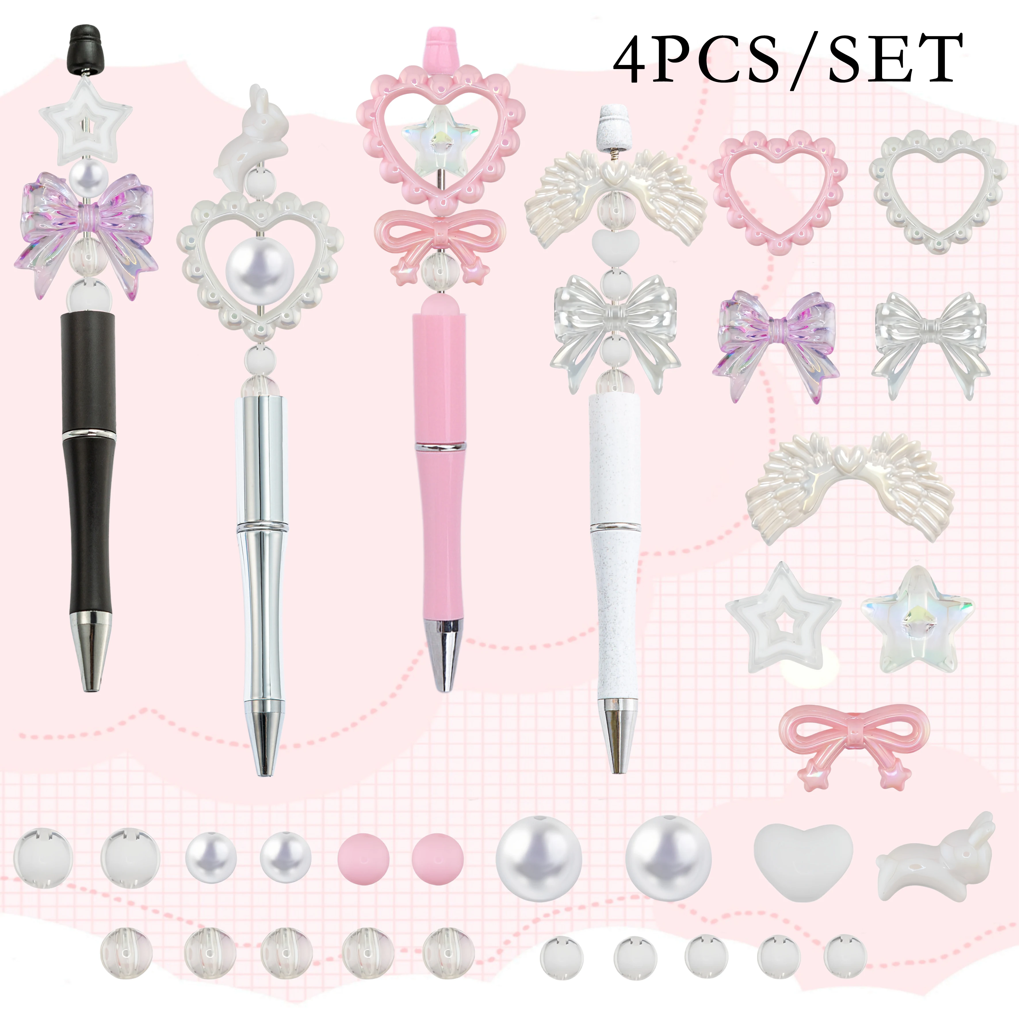 4PCS Butterfly Knot Love Simple DIY Bead Pen Set, Ins Style Bead Handmade Enthusiast Gift, Office and Learning Supplies Reward G