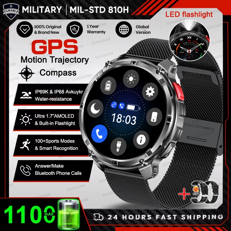 2026 HOT Nieuwe Sport Smartwatch 1100mAh Grote Batterij Duurzaam Kompas 10ATM Waterdicht Tactisch 170+ Sporten BT Oproep Smartwatch Heren