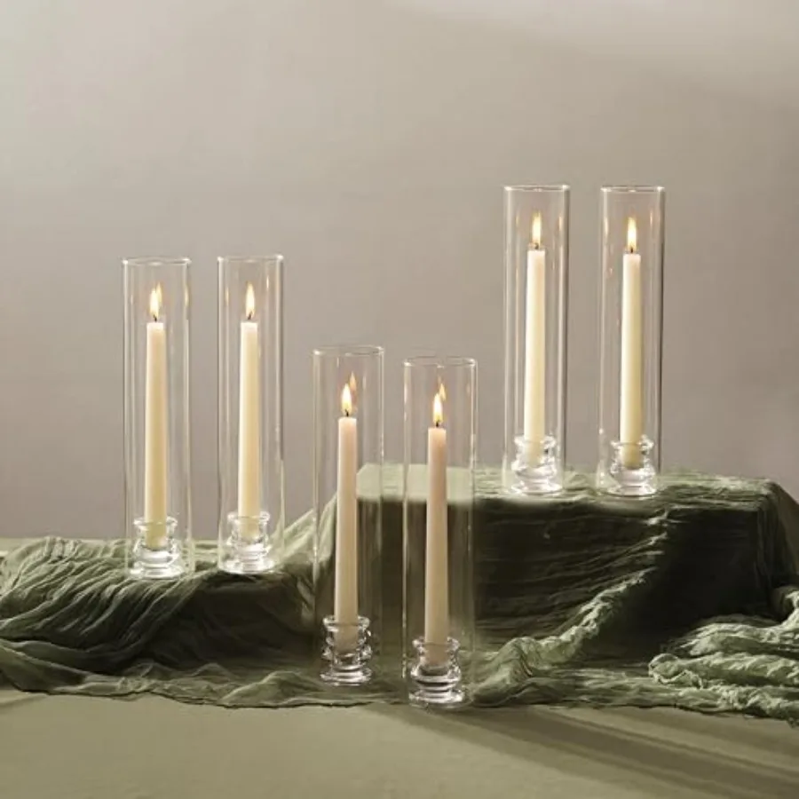 

Candle Stick Candle Holder: Set of 6 Glass Hurricane Taper Candleholder - Bulk Candlestick Stand with Tall Cylinder Chimney for