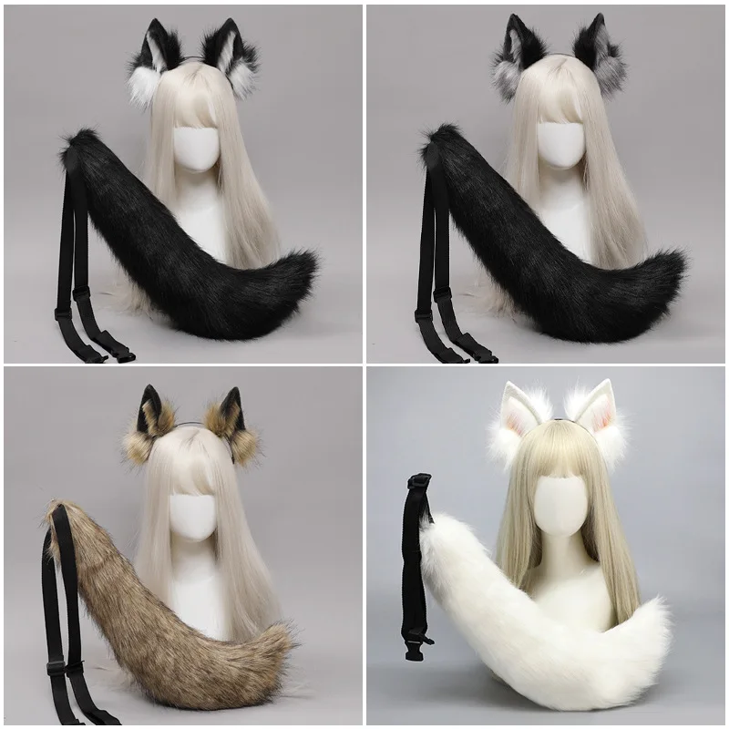 Cosplay Wolf Dog Ears HairBand Ears Beast Tail Dress Up Party Headdress Black-backed Wolf Ears Headband Dog Tail Accessories Set