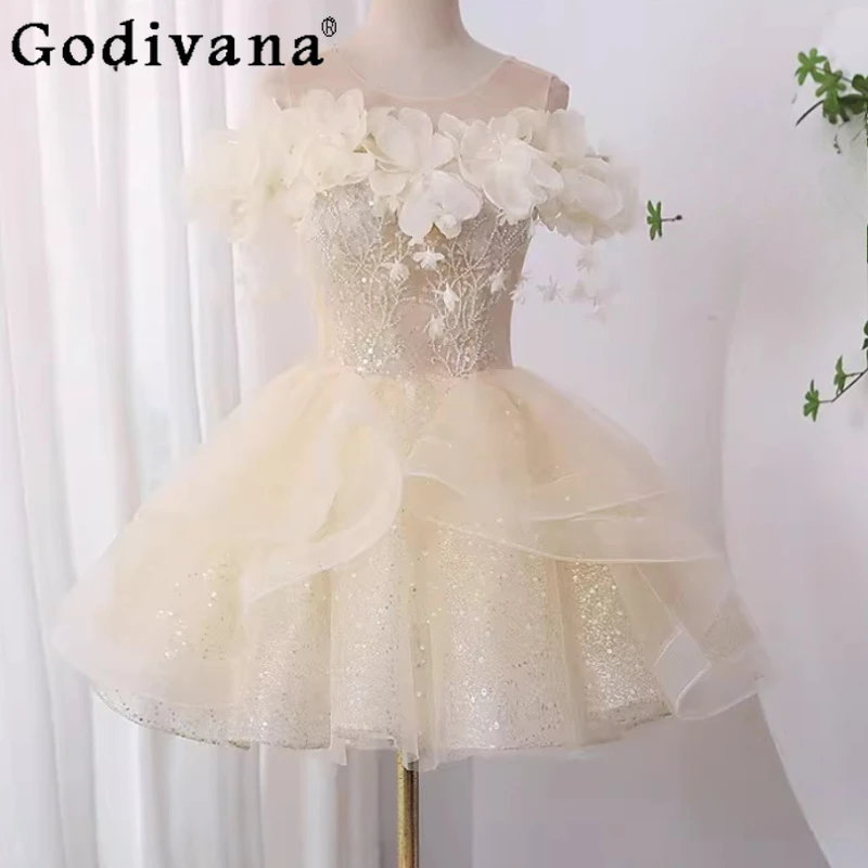 

Новое модное короткое вечернее платье с вырезом-лодочкой и высокой талией, А-силуэт, с коротким рукавом, для дня рождения, цвета шампань, в стиле принцессы