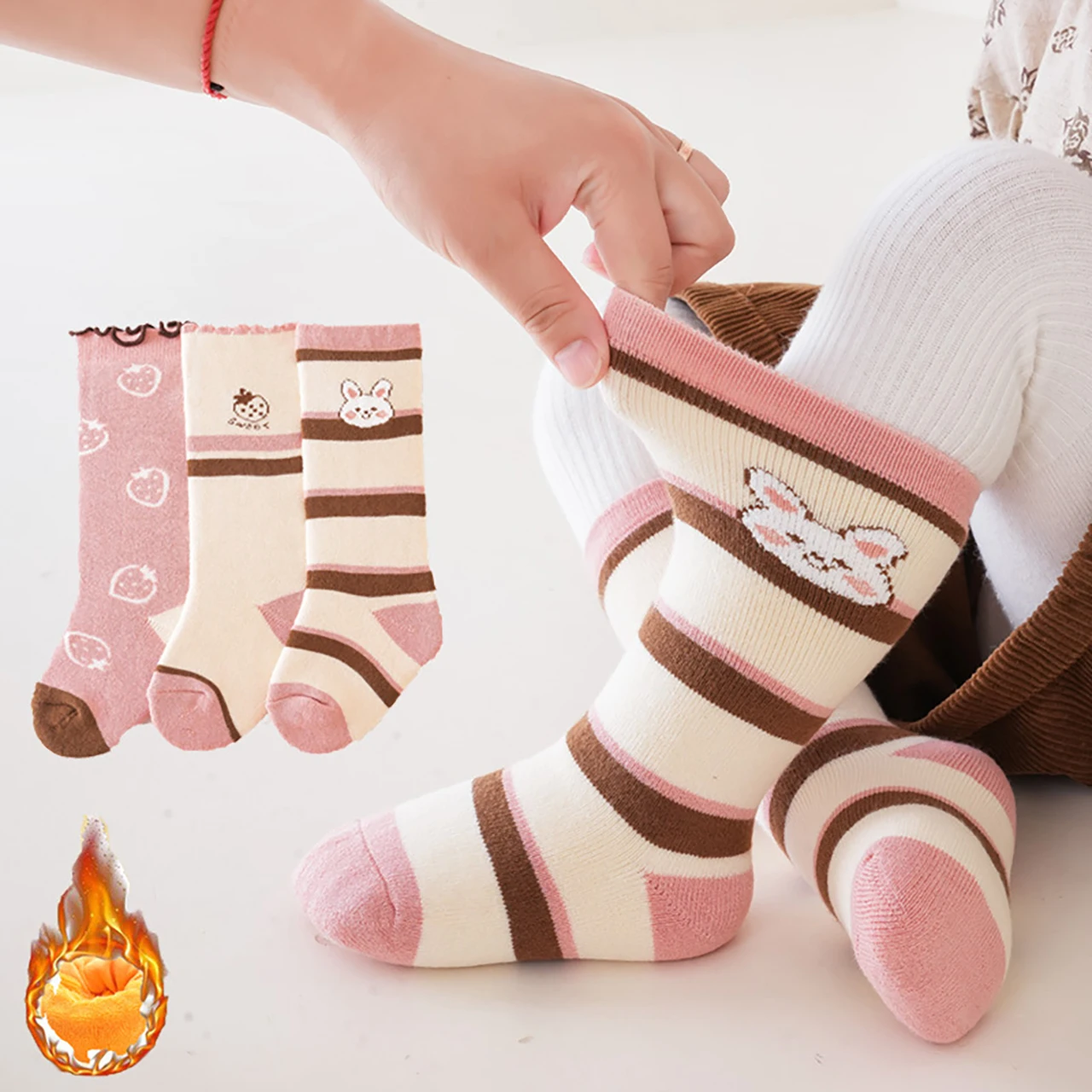 

3Pair Thicken Cotton Sock For Children Middle Tube Socks 6-36Month Baby Winter Warm Knit Footwear Sweet Girl Pink Long Stockings