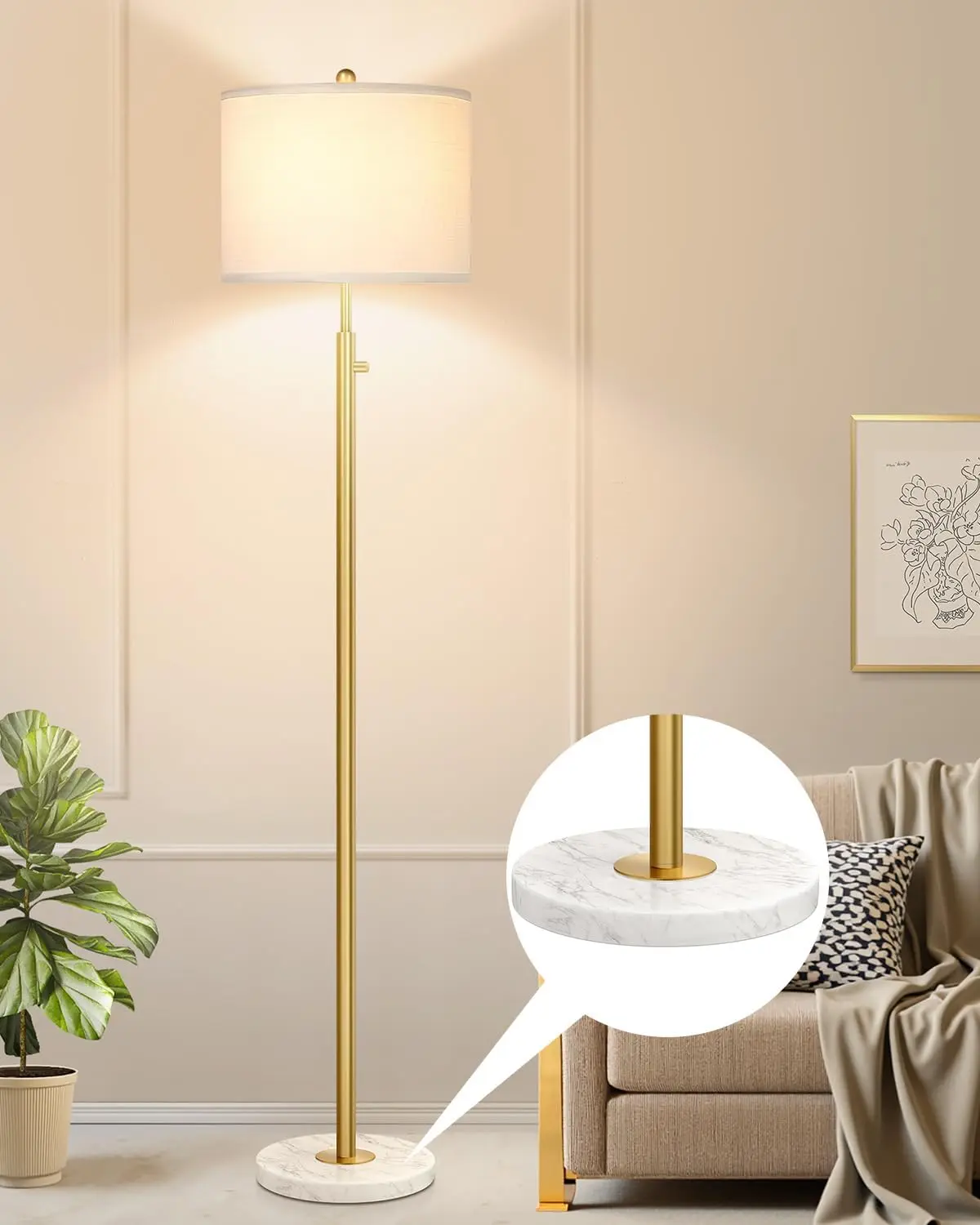 

Dimmable Gold Floor Lamp with Marble Base, LED Bulb Included, Modern Standing Light for Living Room Bedroom Office