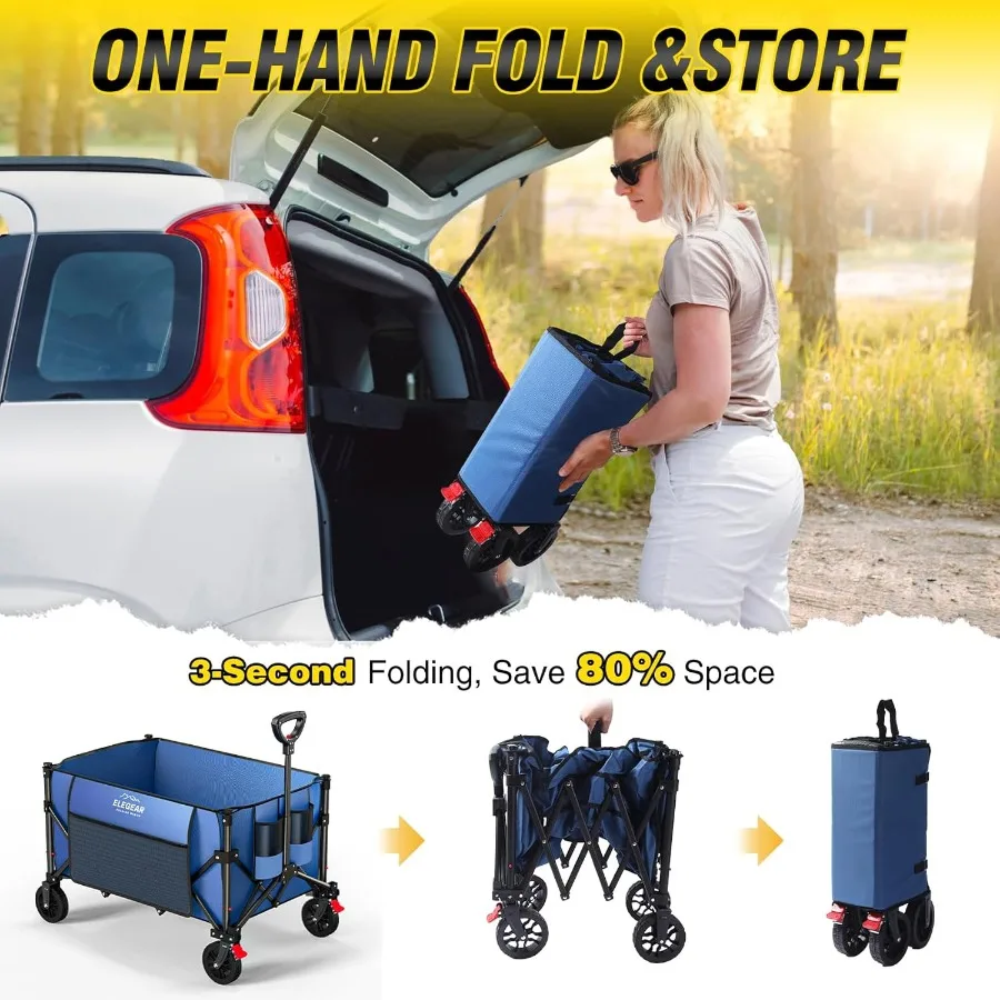 عربة عربة قابلة للطي بسعة كبيرة 150 لتر ودعم وزن 330 رطل للتخييم والحديقة والتسوق والبقالة والرياضة