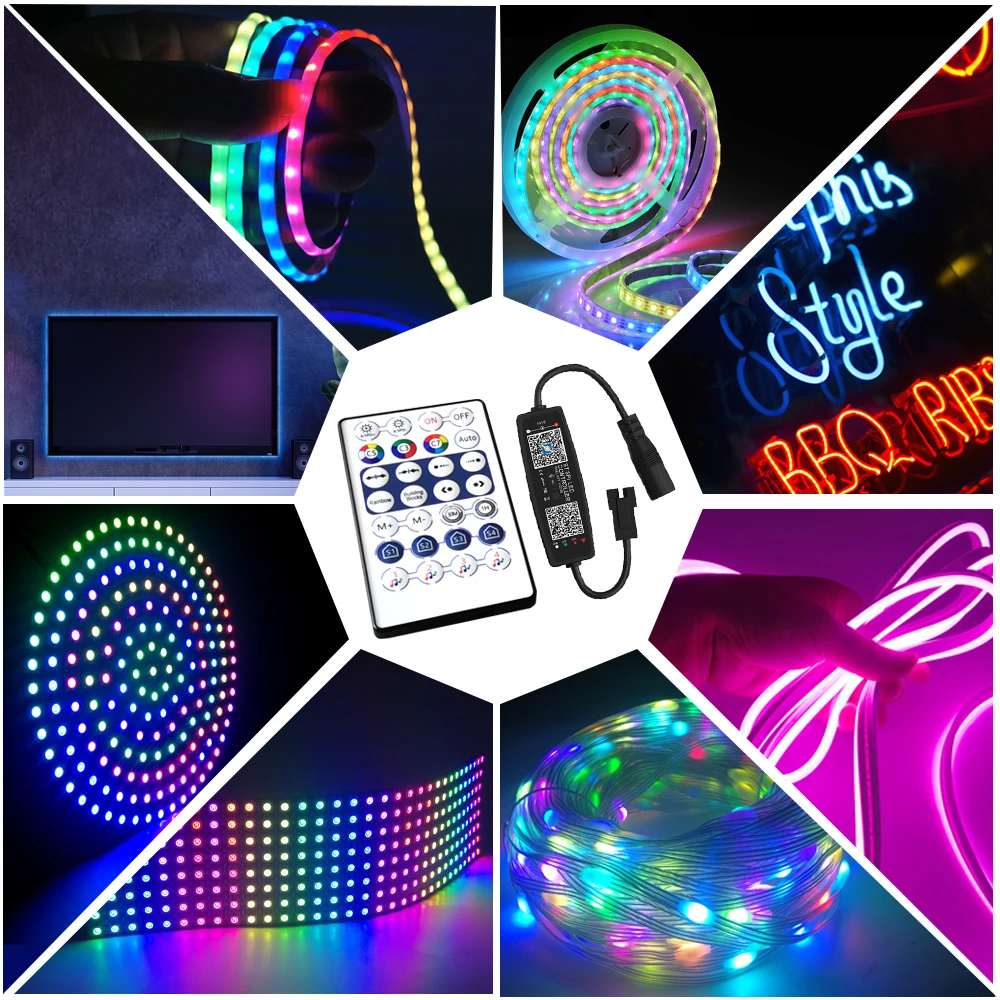 Controlador LED de botões com telecomando IR, Bluetooth, Microfone de música, Painel de luzes, RGB endereçável individualmente, 5050, DC5-24V, 28