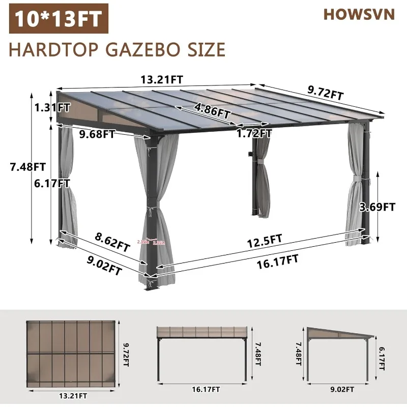 أكشاك مثبتة على الحائط مقاس 10 × 13 قدمًا، إطار من الألومنيوم مع ستائر وشبكة، عريشة خارجية #2