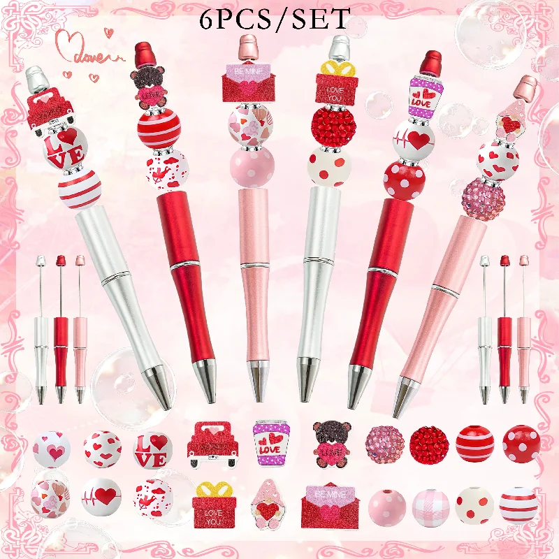 

6PCS Kawaii Valentine's Day Bead Pen Set DIY Love Bear Envelope Charms Gift Box Handmade Craft for Office School Stationery