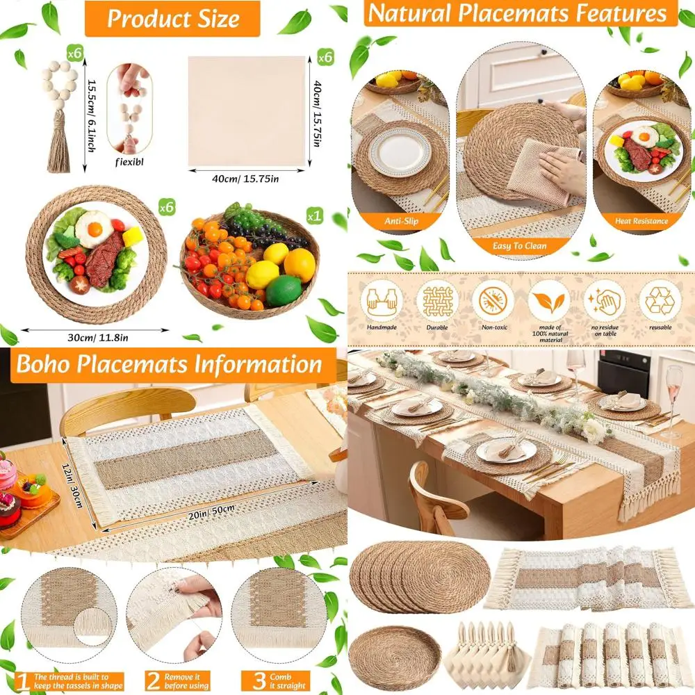 

Natural Burlap Cotton Boho Placemats Set: 6pc Round Woven, Rectangular, Napkin Rings, Cloth Napkins, Table Runner, Storage Baske