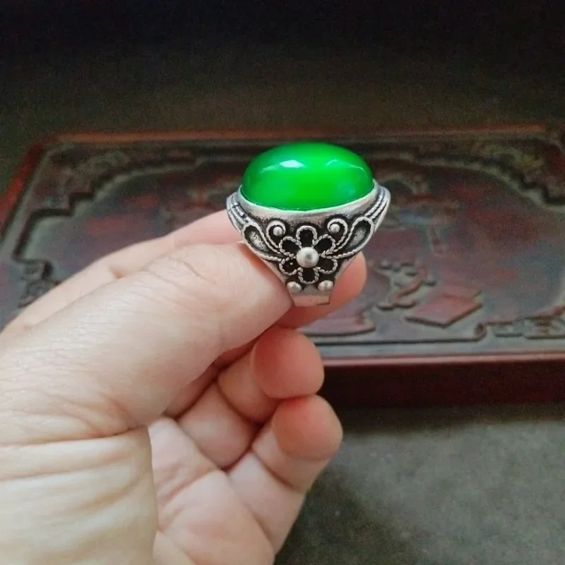 Vintage Tibetan Silver Flower Ring, Oval Bright Green Cabochon Stone Retro Ethnic Adjustable Statement Ring