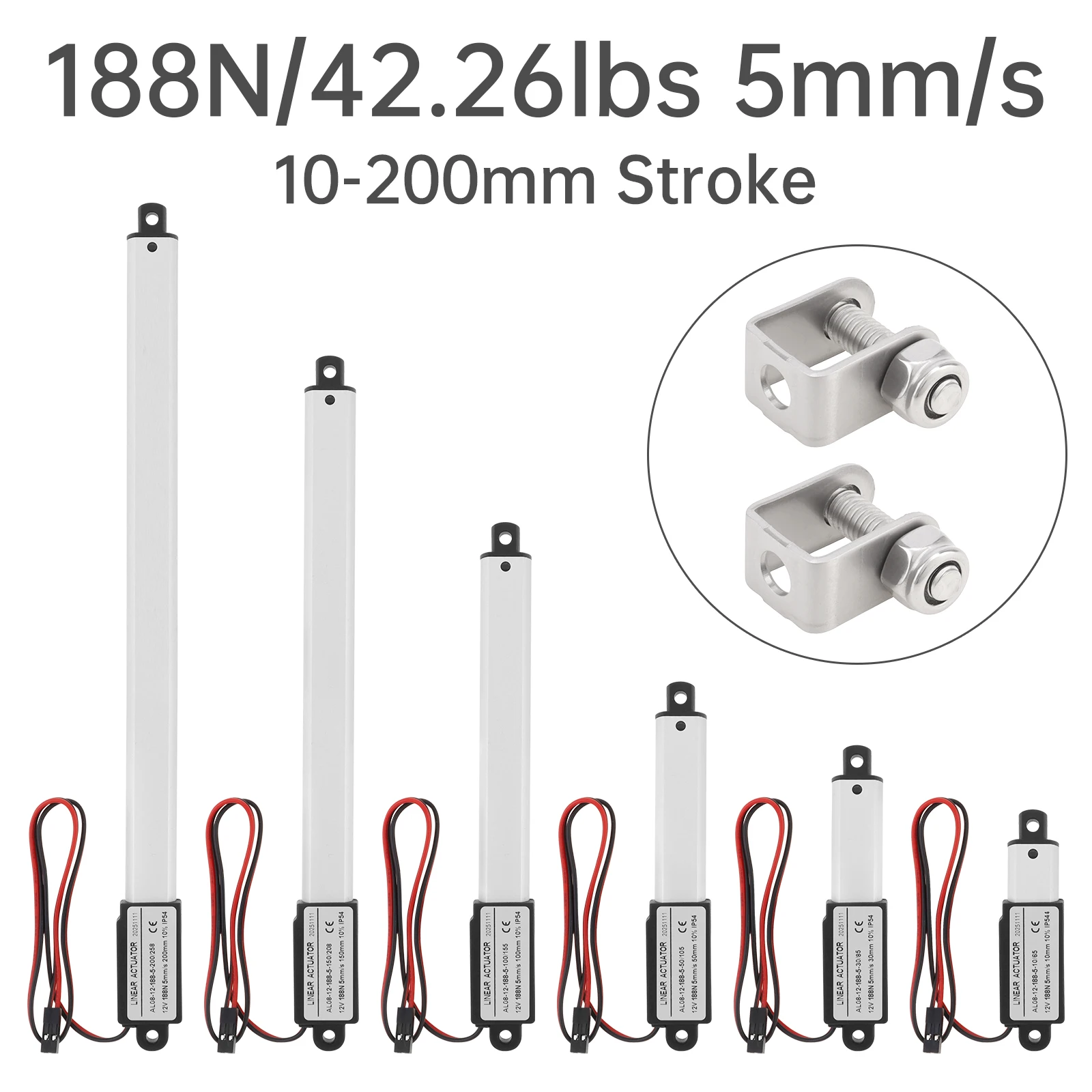 10-200mm Stroke Mini Electric Linear Actuator 12V 5mm/s 188N/42.26lbs Reciprocating Lifting Linear Motion Actuator with Brackets