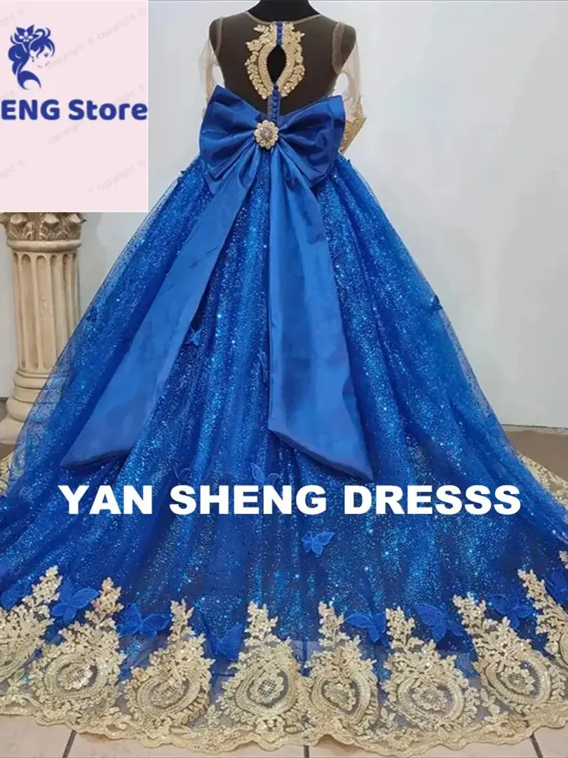 CustomizedDecal Gorgeous Long Sleeves Wedding Evening Flower Girl dress Dresses  Lace Big Bow Long Train First Communion Gown