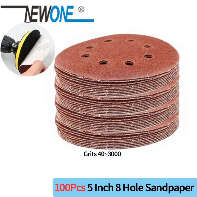 100pcs 125mm Hook & Loop Abrasive Sand Paper 5 inch red Sanding Disc with 8 holes Grits 40~3000 available Sandpaper