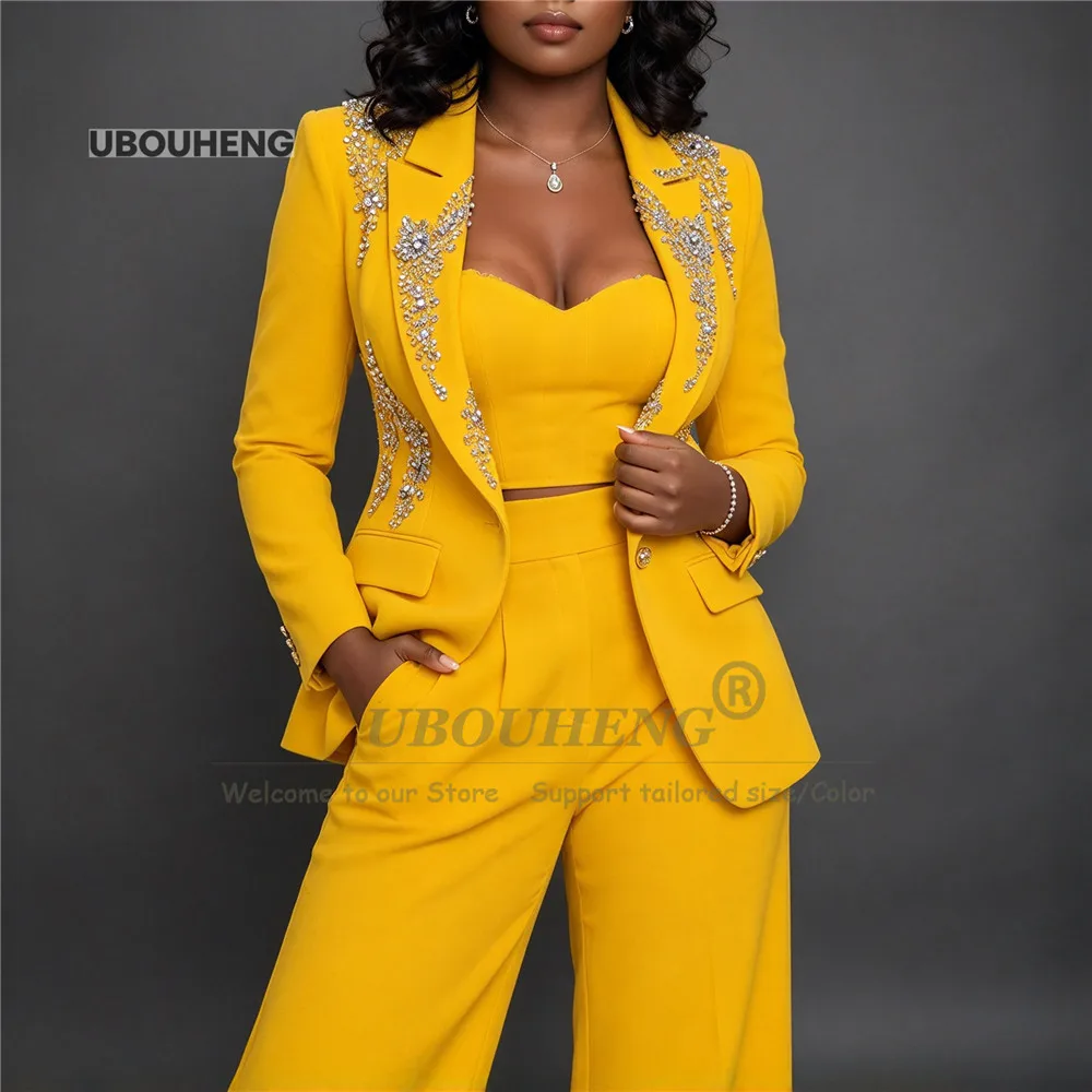 Women's Suit Plus Size Crystals Beading Lapel Single Breasted Blazer Pants Female Outfit Customized 2 Pcs Groom's Mother Tuxedos