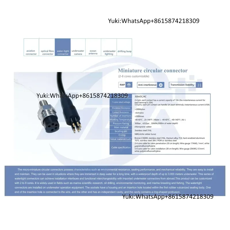 Microminiature Waterproof Connector 3-Pin Female Cable Connector Brass Contact Stainless Steel Housingip68