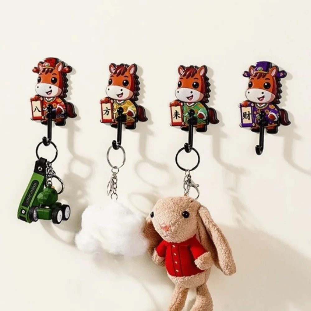 

8 Pieces Plastic Cartoon Horse Hooks Blessing Words Chinese Style Wall Mounted Hook Waterproof Decorative Key Hangers