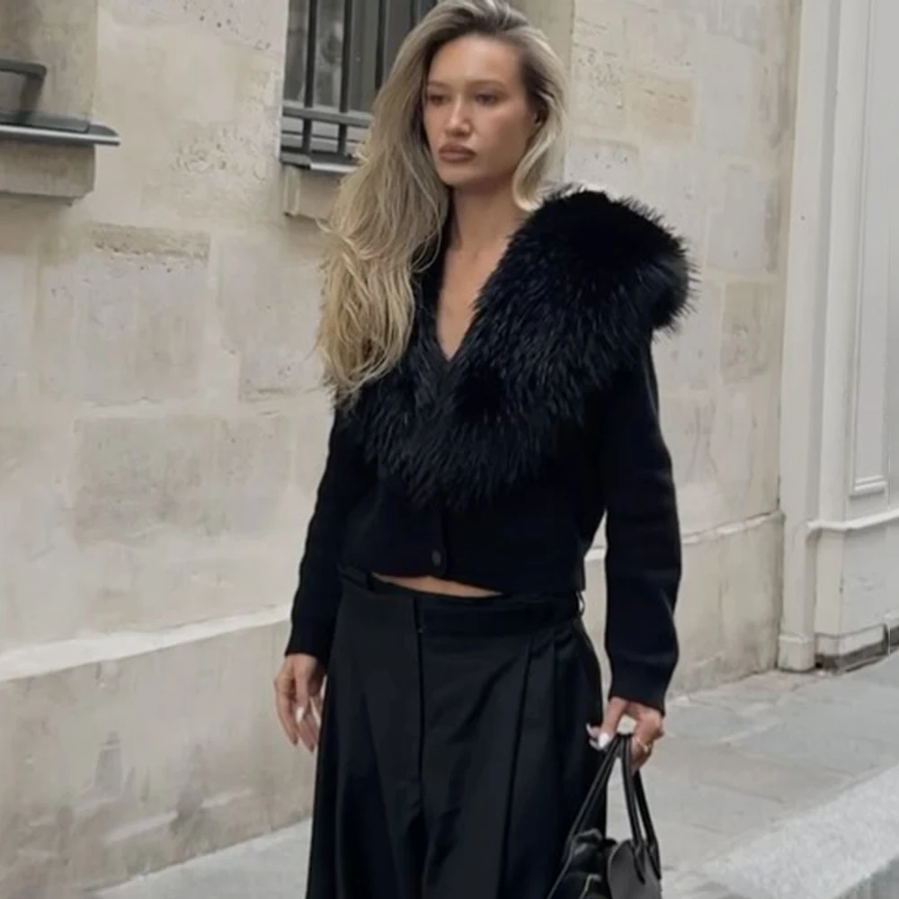 Ticketsx Vintage Plush Knit Sweater Solid Women Button Patchwork Slim Short Cardigan Fashion Female High Street Sweater Cardigan