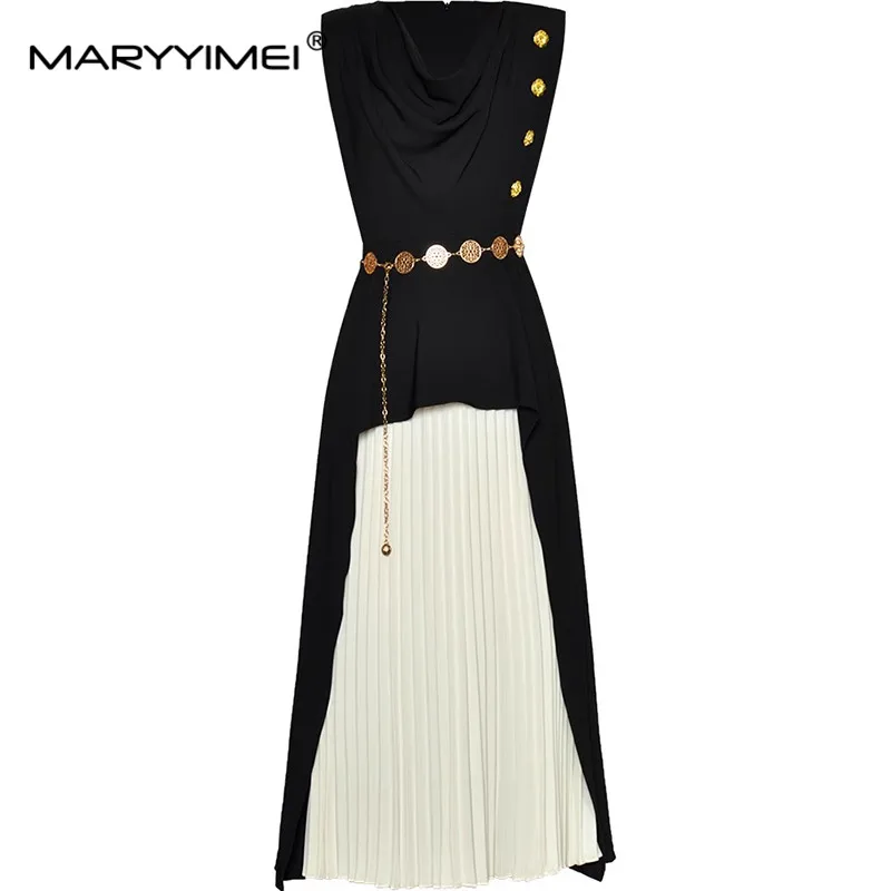 

MARYYIMEI Fashion Design Spring Summer Women's Sleeveless Pile Collar Button Lace-UP Folds Splicing Commuter Dresses