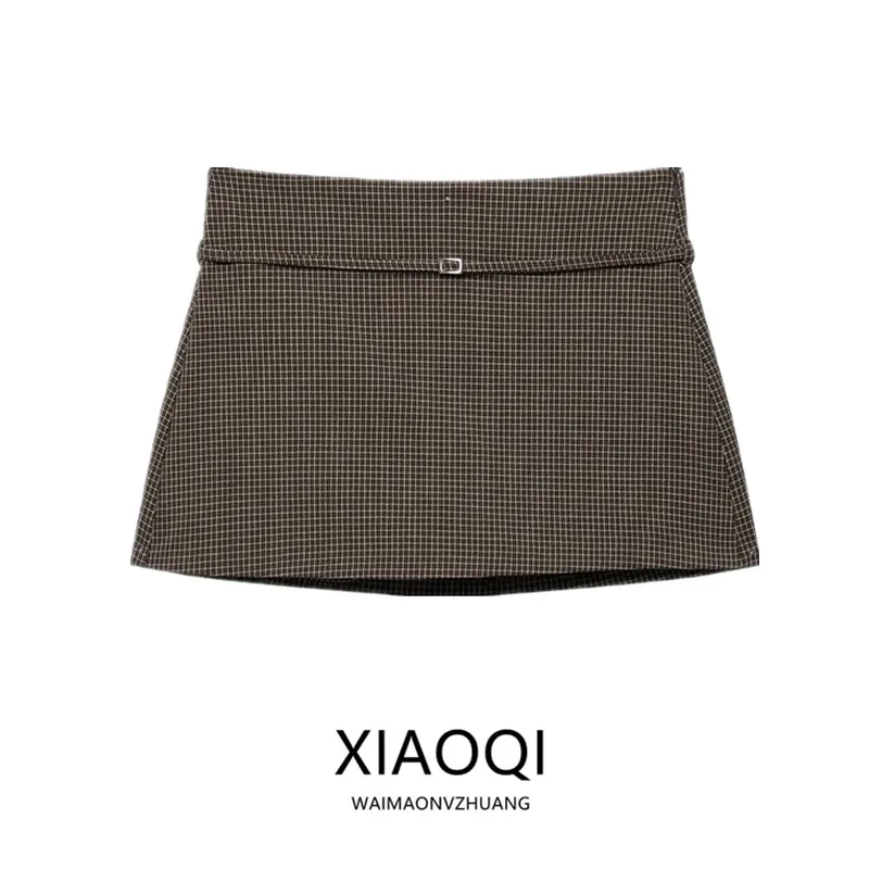 Women's Mid-Waist Design Casual Plaid Skirt Pants Autumn New Arrival Belted A-Line  Skirt Slim Fit Other Material