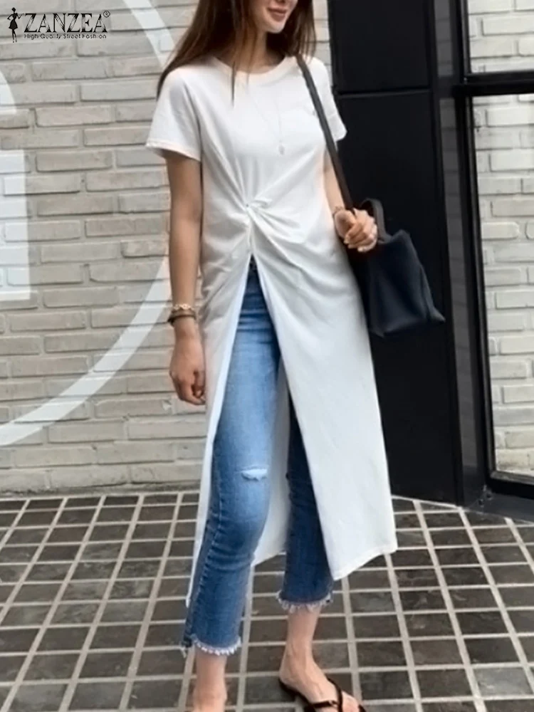 Zanzea Zomer Onregelmatige Midi Tops 2024 Casual Solid Tuniek Oversized Vrouwen Mode Blouse Dames O-hals Losse Blusa Femme 1