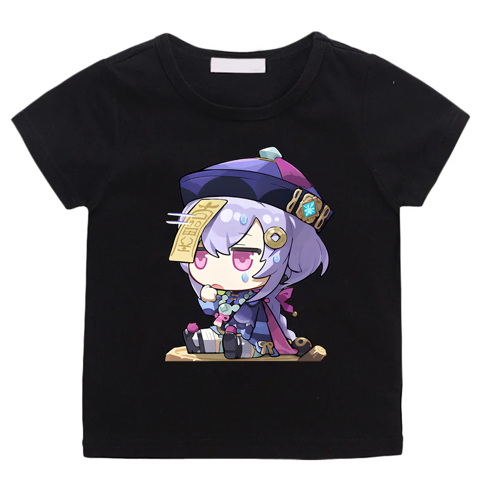 Anime Genshin Qiqi Impact T Shirt Funny Baby Girl T-shirts Kid Children Manga Pint Clothes Black 100%cotton Kawaii Tops Boys Tee