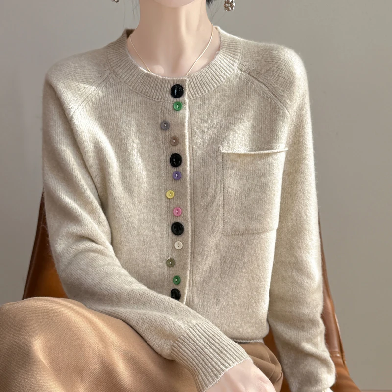 2025 New Fashion Spring O-neck Long Sleeve Cardigan Women\'s 100% Merino Wool Sweater Cardigan Color Button Knit Top Women\'s