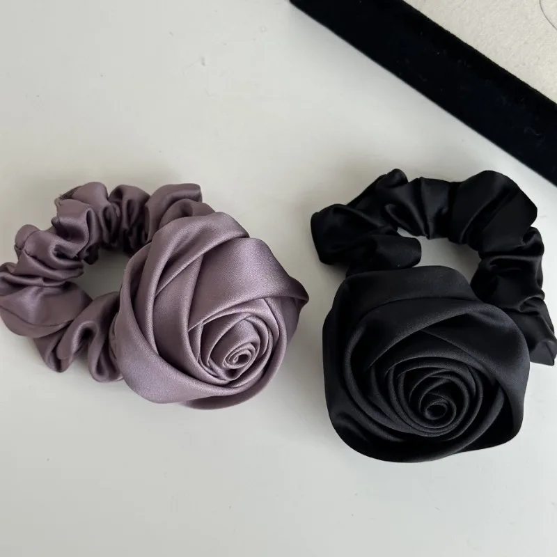 Advanced Retro Elegance French Style Vintage Satin Super Fairy French Rose Large Scrunchie Head Rope Hair Ring Hair Accessories