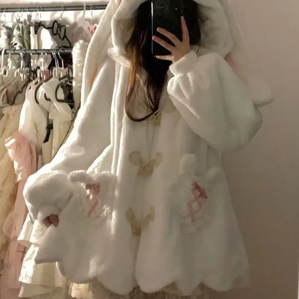 Japanischen Stil Süße Mädchen Niedlichen Kaninchen Ohren Mit Kapuze Plüsch Jacke Frauen Winter Teenager Student Gepolsterte Verdicken Kawaii Lose Beige Mantel