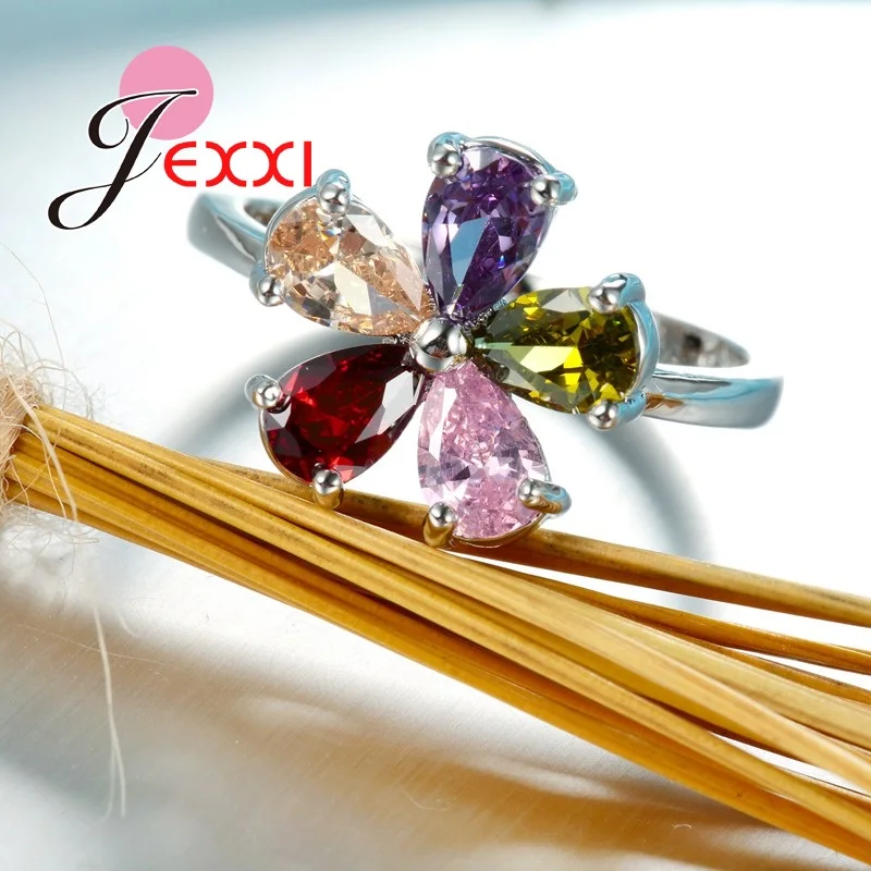 Beautiful Flower Shape Colorful Crystal 925 Sterling Silver Women Wedding Engagement Rings Fashion Party Finger Jewelry