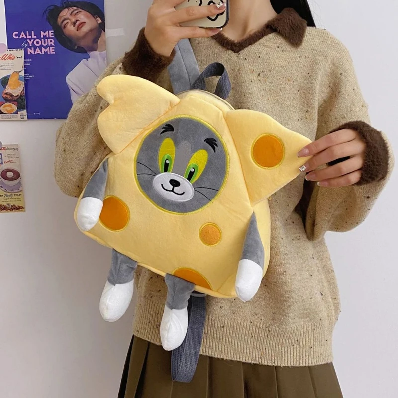 Tom and Jerry Cartoon Anime Tom cat And Jerry mouse Plush Backpack Kawaii Cheese Shape Funny Shoulder Bag kids birthday Gift