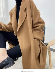 High Quality Double-Sided Plush Coat For Women'S Autumn And Winter Silhouette With A Lapel Tie Up Wool Mid Length Coat