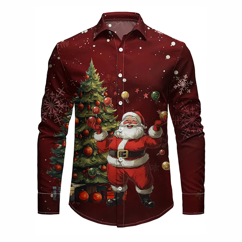 เสื้อเชิ้ตพิมพ์ลายเต็มตัวสำหรับผู้ชาย ลายไวน์ เบียร์ งานเลี้ยง ดนตรี ครอบครัว งานปาร์ตี้ ตลก แขนยาว ติดกระดุม เสื้อคริสต์มาส เสื้อท็อป