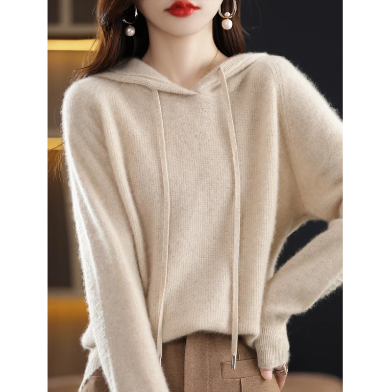 Merino Wool Hooded Sweater Women\'s Autumn/Winter New Long Sleeve Solid Color Pullover Cashmere Knit Hooded Drawstring Pullover