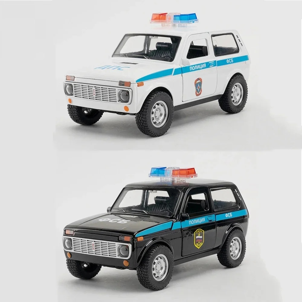 1:18 Russia NiVa Modello di auto della polizia giocattolo con funzione pull back Suono Luce Giocattoli Modelli di veicoli Regalo per ragazzi Pressofusi in lega Auto