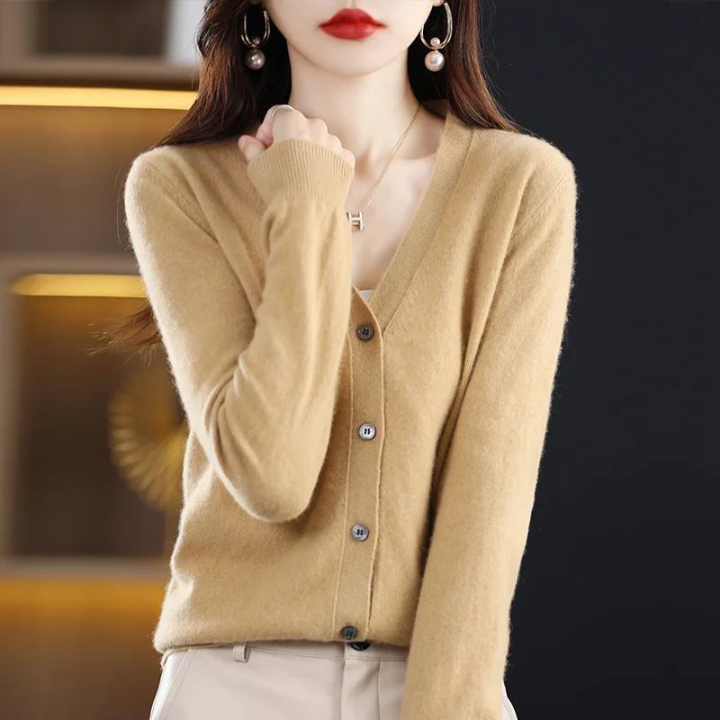 2024 Spring Women V-neck Cardigan Sweater 100% Merino Wool Knitwear Solid Soft Basic Coat Preppy Style Korean Popular Clothes