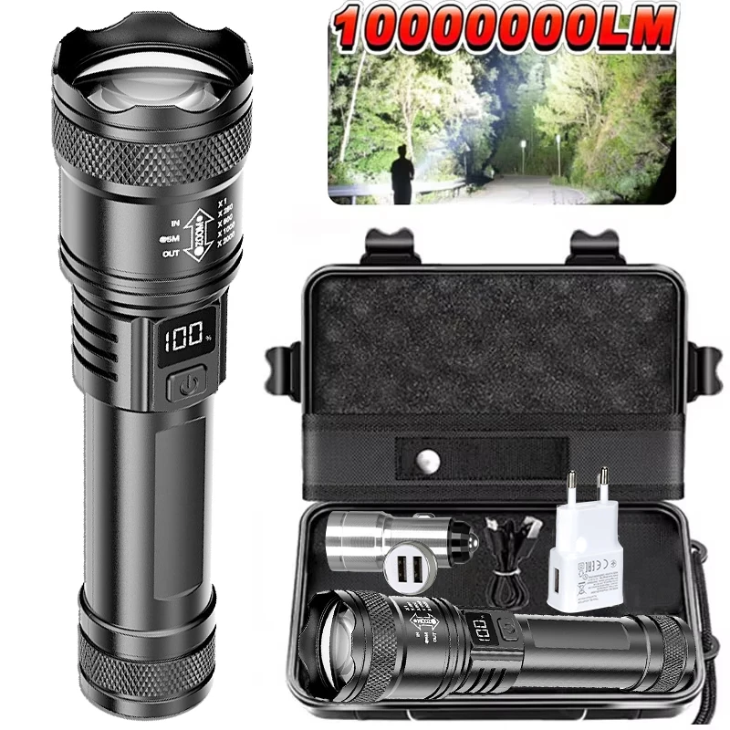 High-power Led Flashlight USB Rechargeable Torch with Display Zoomable Light with Battery Camping Hiking Lantern Emergency Lamp