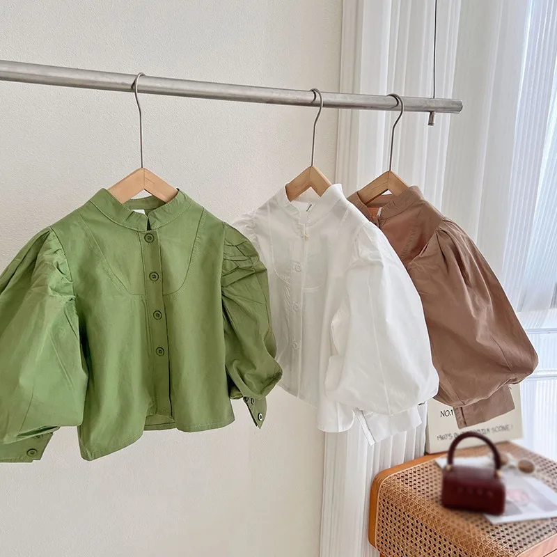 Children Girl Clothes Stand-up Collar Single-breasted Solid Bubble Sleeve Shirt Green White Shirt Casual Girl's Shirt Blouse