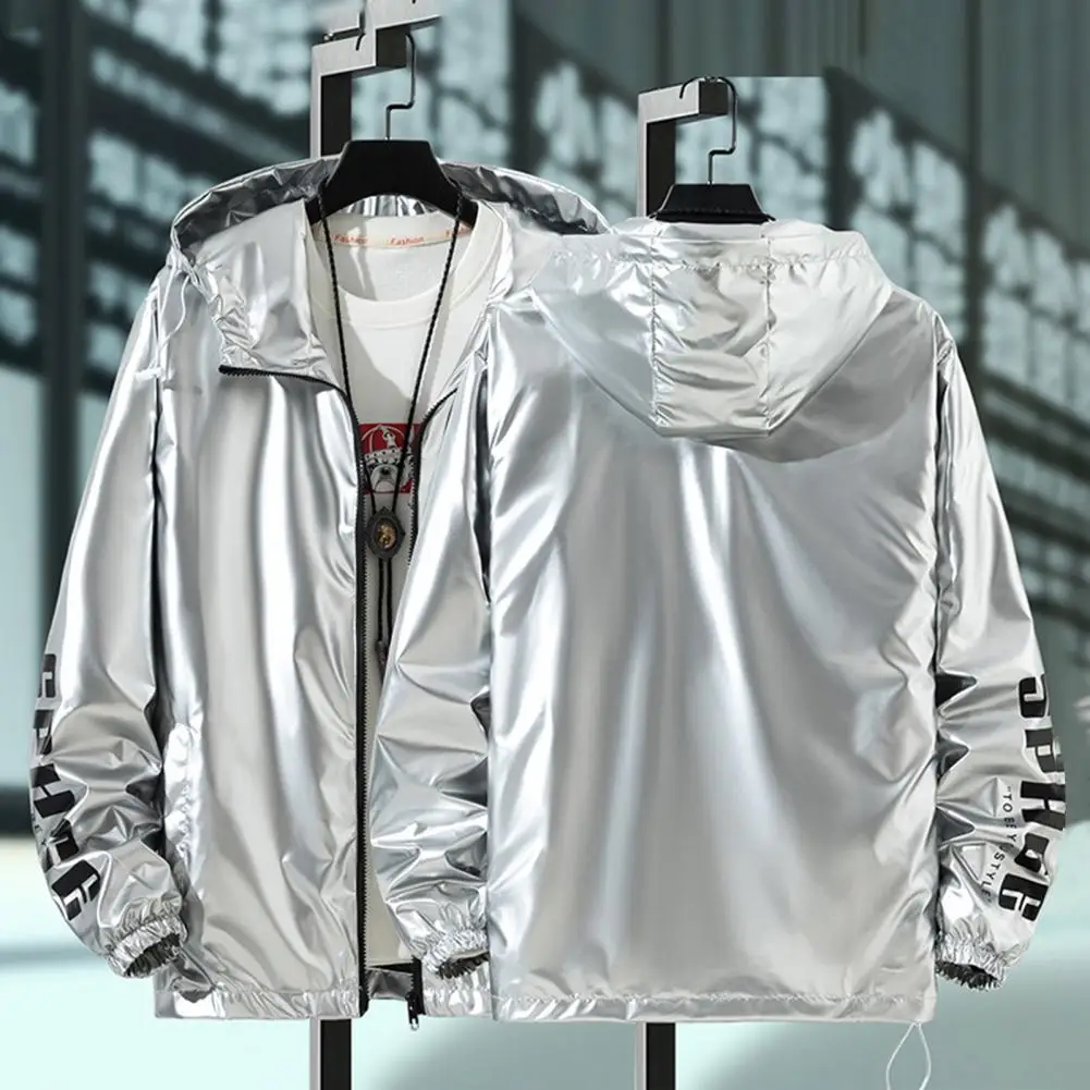 

Regular Fit Hooded Jacket Teenager Shiny Glossy Coat with Adjustable Drawstrings Cuffed Sleeves Men's Fashion Jacket for Spring