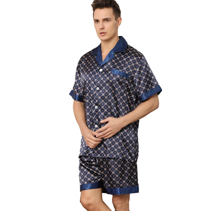 European Size Pyjama Men Printed Short Sleeved Shorts Pajamas for Men Set Large Bust Satin Silk Pajamas Sleep Wear Pijamas