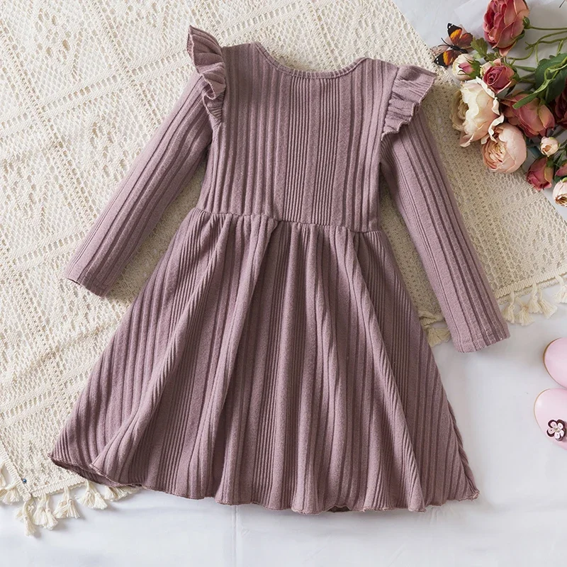 New Year Red Girl Knitting Rib Wool Long Sleeve Princess Dress Autumn Winter New Warm Sweater Dress Kid Christmas Casual Clothes