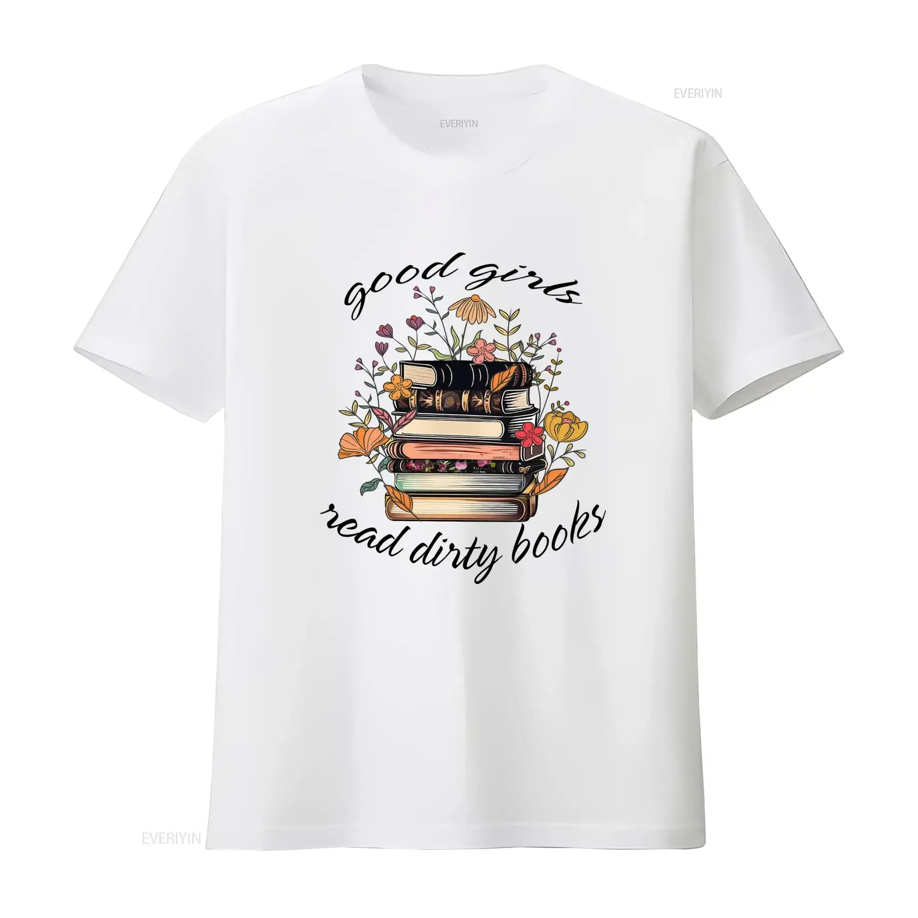 Vintage Wild Flower Book Stack Print Casual Lover T Shirt vintage Washed Soft streetwear Unisex Stretched graphic