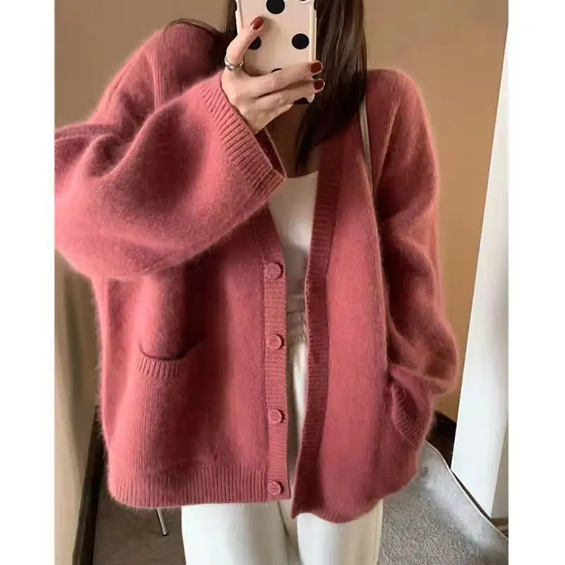 

New Retro Knitted Solid Color Cardigan Autumn Winter Lazy Korean Sweater Jacket Loose Outer Wear Versatile Top Kardigan Damski